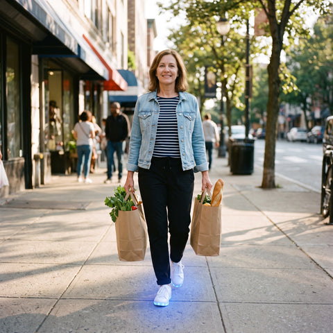A woman carrying grocery bags down a city street