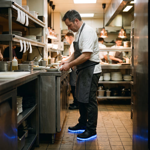 A chef plating a dish at the pass
