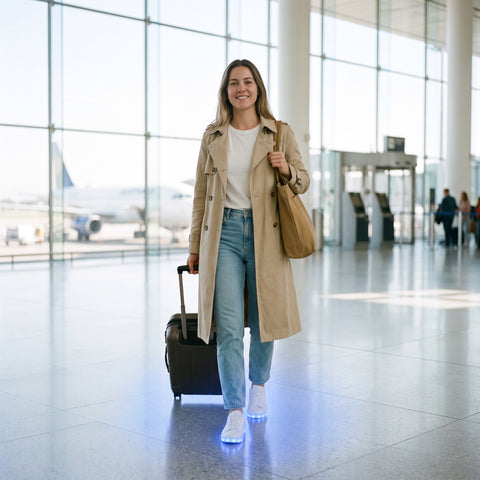 A traveller pulling a suitcase through an airport