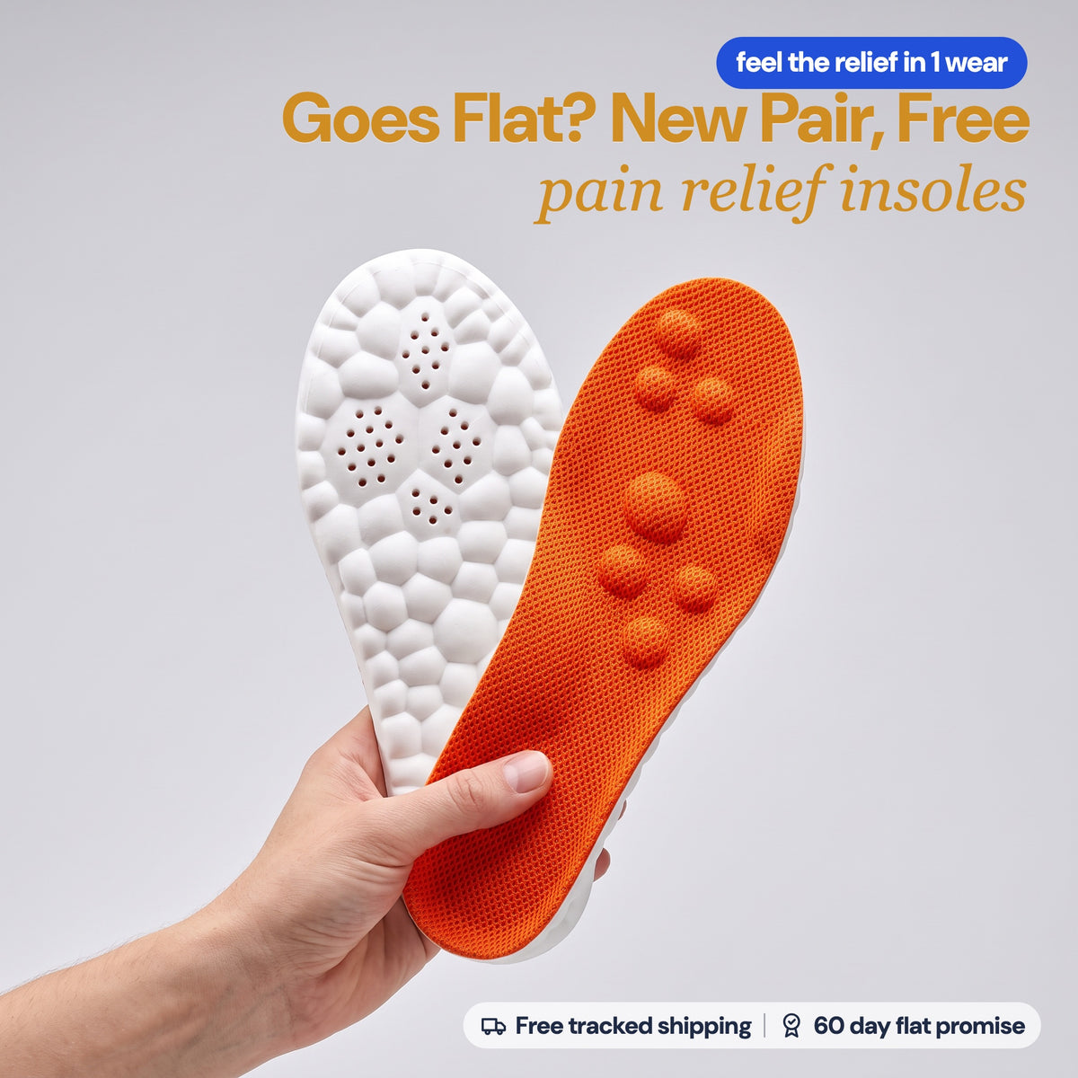 A hand holding a pair of SoftInch Comfort Insoles in orange: the mesh top and the white cloud foam base. Goes flat within 60 days? New pair, free: pain relief insoles. Free tracked shipping, 60 day flat promise.