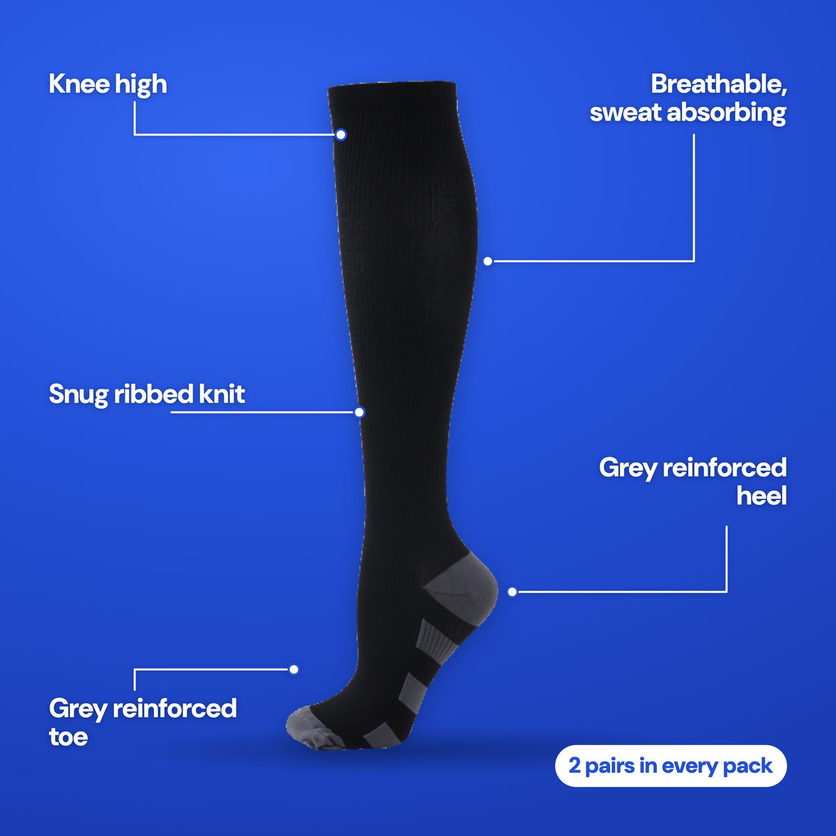 Compression Socks features: knee high, snug ribbed knit, breathable and sweat absorbing, grey reinforced heel and toe