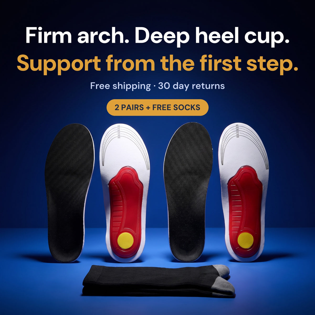 Four SoftInch Arch Support Insoles standing in a row: the black mesh top and the underside with the red arch shell and yellow heel pad, with a free pair of compression socks