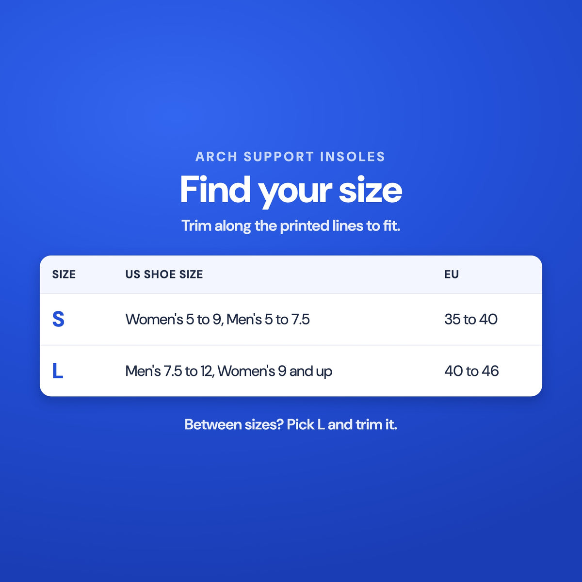 Arch Support Insoles sizes: S and L with US and EU shoe sizes