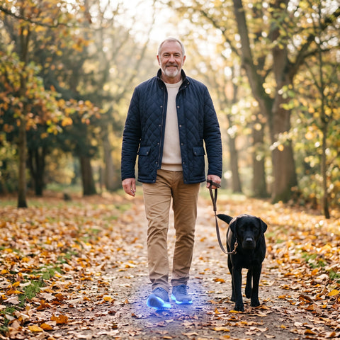 A man walking his dog on an autumn path