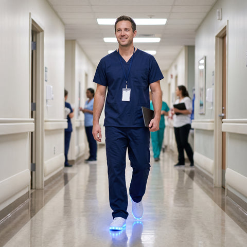 A nurse walking down a hospital corridor