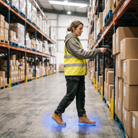 A warehouse worker scanning boxes in a long aisle
