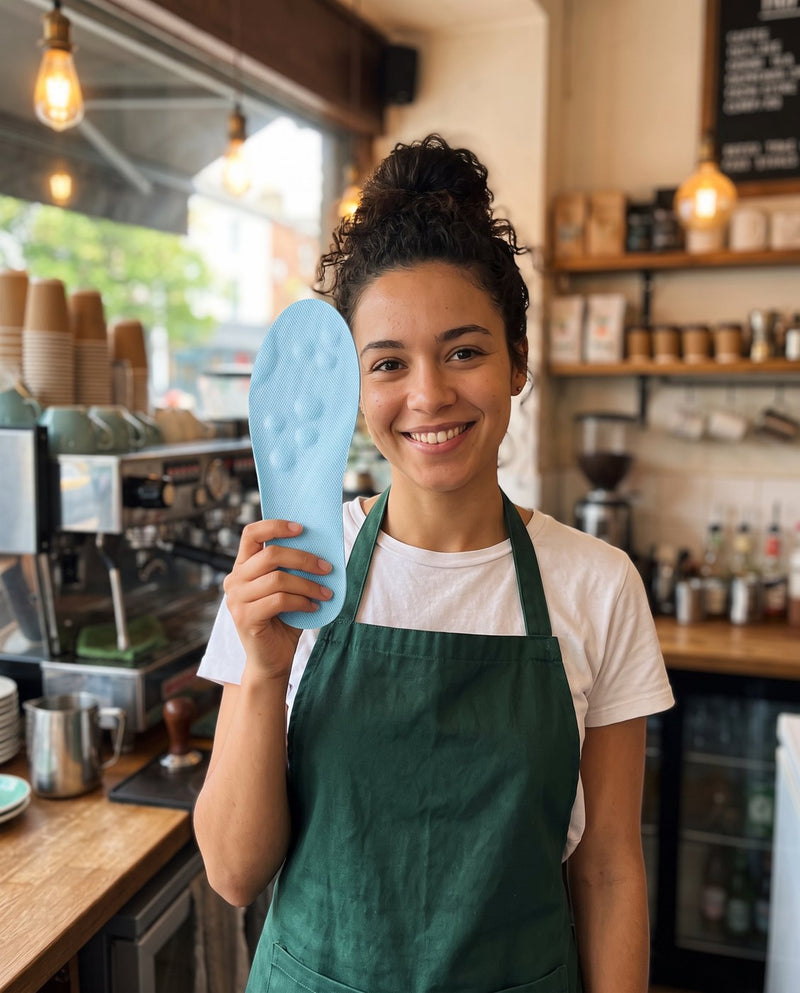 A barista in a green apron holding a sky blue SoftInch insole (AI illustration)