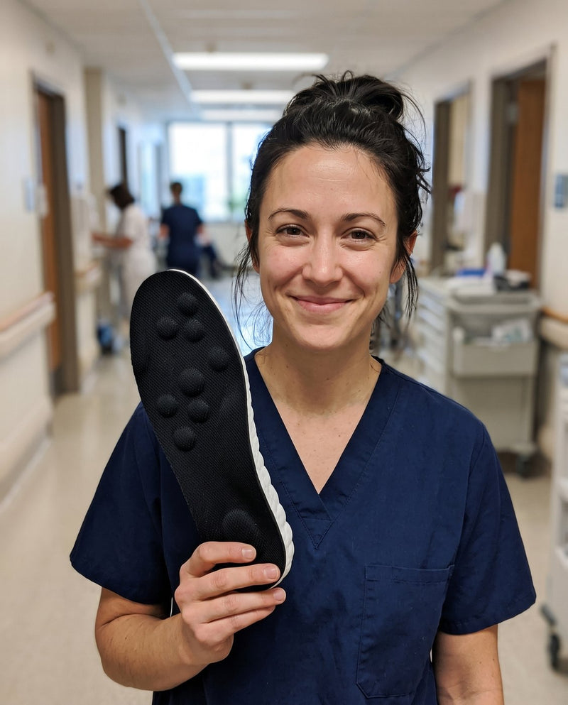 A nurse in navy scrubs in a hospital corridor holding a black SoftInch insole (AI illustration)