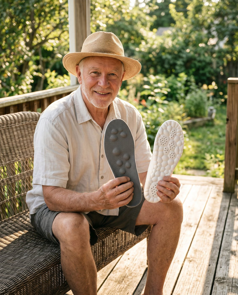 An older man on his porch holding a pair of gray SoftInch insoles (AI illustration)