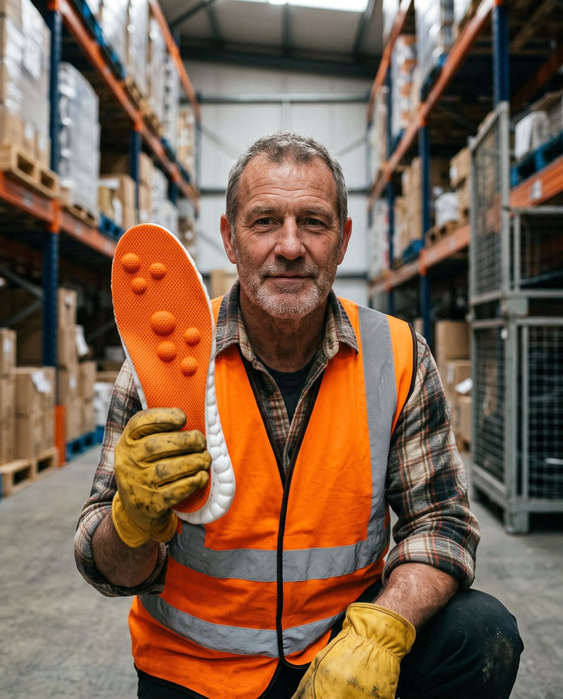A warehouse worker in a hi vis vest holding an orange SoftInch insole (AI illustration)