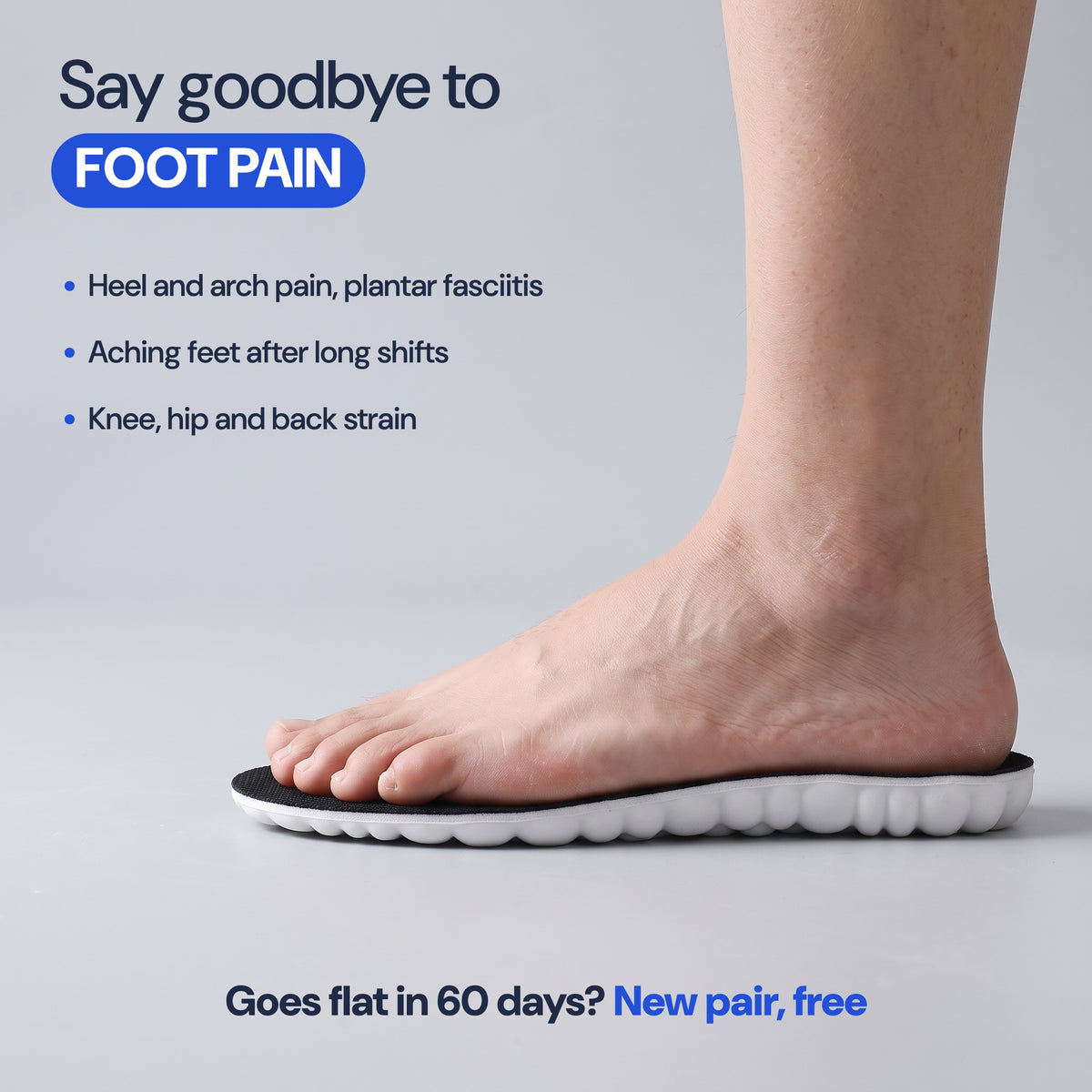 Say goodbye to foot pain: heel and arch pain, plantar fasciitis, aching feet after long shifts, knee, hip and back strain. Goes flat within 60 days? New pair, free.