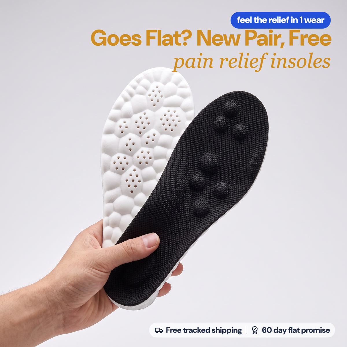 A hand holding a pair of SoftInch Comfort Insoles in black: the mesh top and the white cloud foam base. Goes flat within 60 days? New pair, free: pain relief insoles. Free tracked shipping, 60 day flat promise.