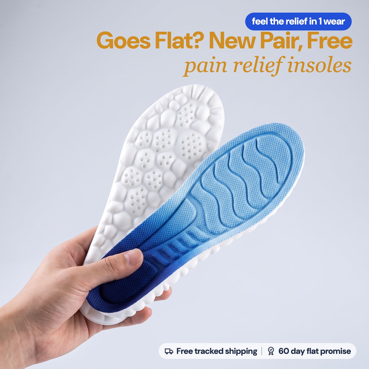 A hand holding a pair of SoftInch Comfort Insoles in blue: the mesh top and the white cloud foam base. Goes flat within 60 days? New pair, free: pain relief insoles. Free tracked shipping, 60 day flat promise.