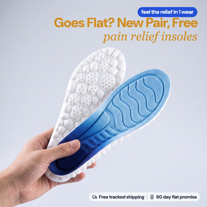 A hand holding a pair of SoftInch Comfort Insoles in blue: the mesh top and the white cloud foam base. Goes flat within 60 days? New pair, free: pain relief insoles. Free tracked shipping, 60 day flat promise.