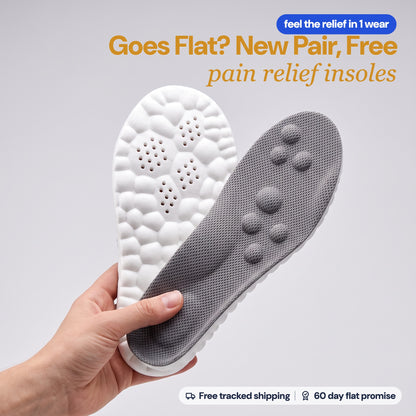 A hand holding a pair of SoftInch Comfort Insoles in gray: the mesh top and the white cloud foam base. Goes flat within 60 days? New pair, free: pain relief insoles. Free tracked shipping, 60 day flat promise.