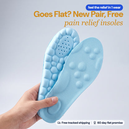 A hand holding a pair of SoftInch Comfort Insoles in sky blue: the mesh top and the sky blue cloud foam base. Goes flat within 60 days? New pair, free: pain relief insoles. Free tracked shipping, 60 day flat promise.