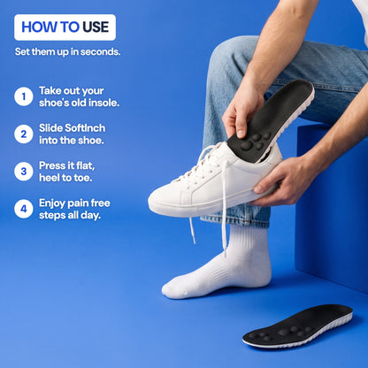 How to use: take out your shoe's old insole, slide SoftInch into the shoe, press it flat heel to toe, and enjoy pain free steps all day