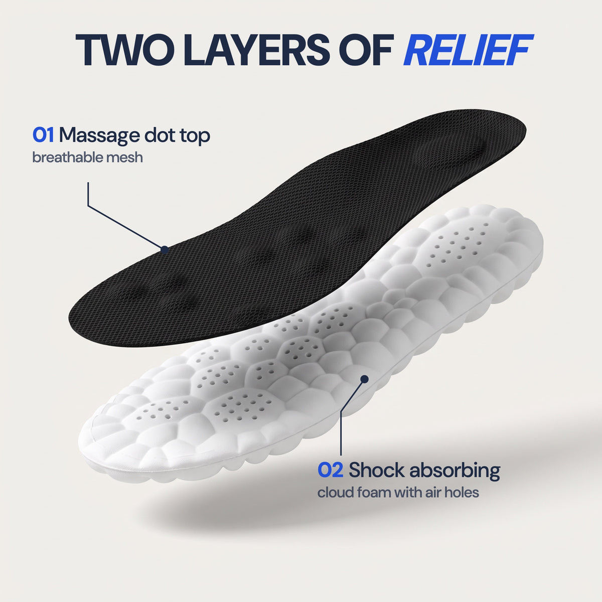 Two layers of relief: a massage dot top with breathable mesh over shock absorbing cloud foam with air holes