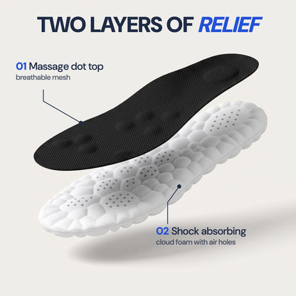 Two layers of relief: a massage dot top with breathable mesh over shock absorbing cloud foam with air holes